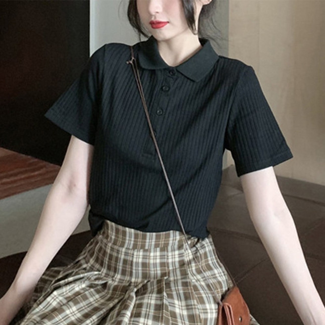 cammello 여성 데일리 카라넥 기본핏 티셔츠 심플 버튼 반팔 니트티