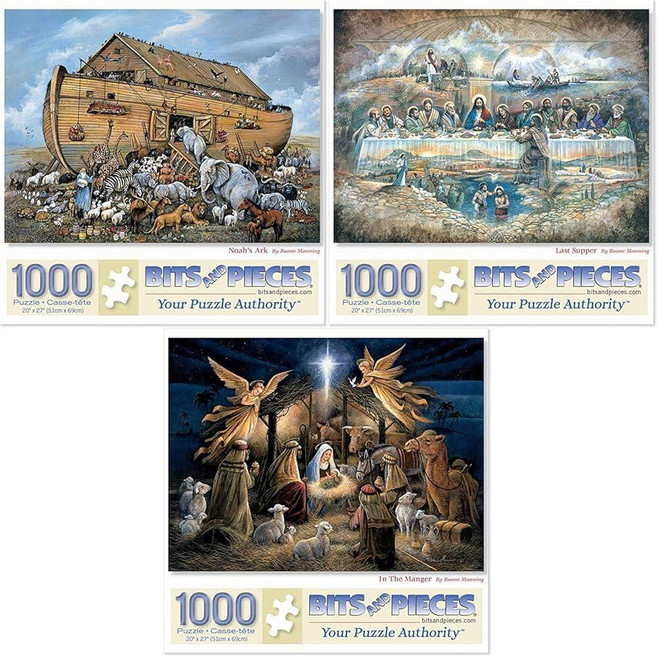 Bits and Pieces – 성인용 1000피스 직소 퍼즐 3개 밸류 세트 - 아티스트 루안 매닝의 최후의 만찬 노아의 방주 관리자 작품 완성된 퍼즐 사이즈: 50.8, Bits and Pieces – 성인용 1000피스 직