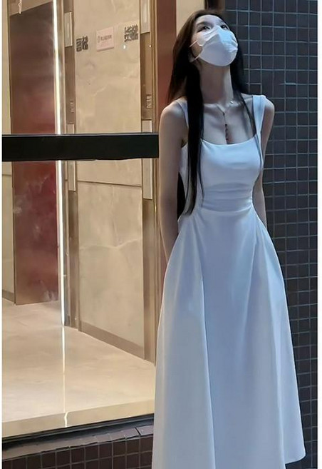 女款長洋裝 白色 吊帶 收腰 A字 法式 日常穿搭, 白色-高品質,S-高品質