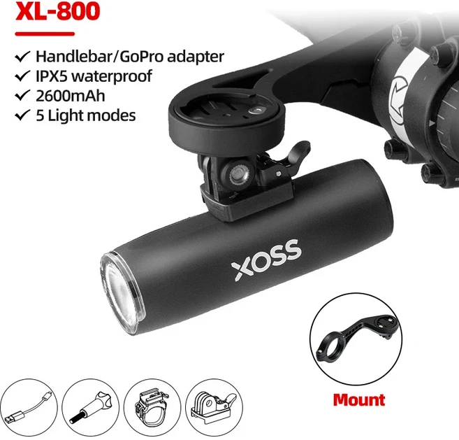 XOSS 자전거 전조등 400/800 Lm 방수 USB 충전식 MTB 프론트 램프 플래시 토치, light with mount, 1개