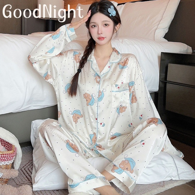 法式減齡睡衣女 春秋新款簡約波點睡衣 長袖長褲睡衣套裝 冰絲家居服 高級感睡衣 涼感睡衣 睡衣套裝