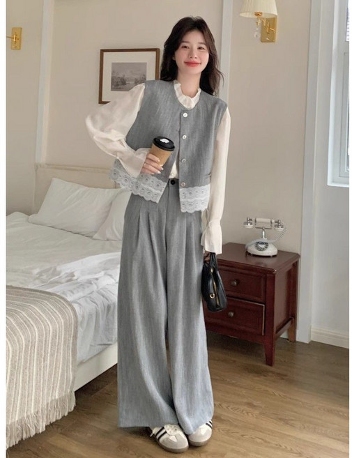 여성 정장핏 세트복 민소매 베스트 + 슬랙스 통바지 상하 투피스 데일리룩