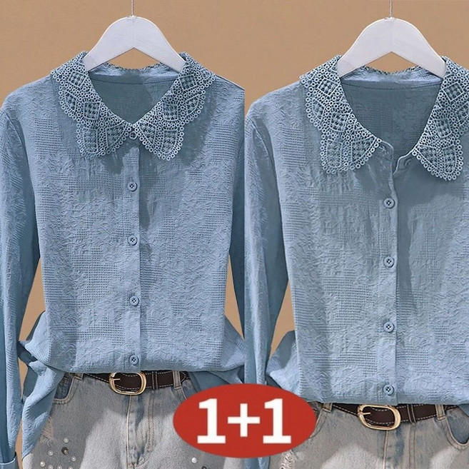 AOKADA 1+1 여성 순면 레이스 카라 자카드 블라우스 루즈핏 빈티지 긴팔 셔츠