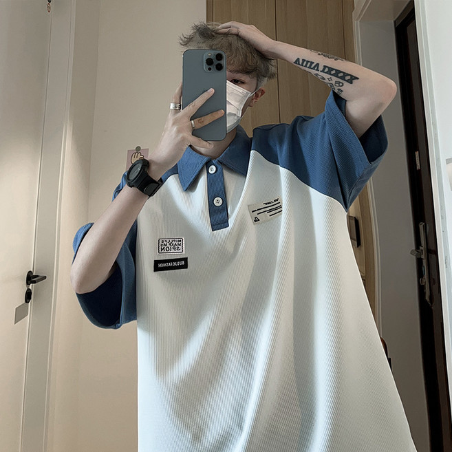 C218-P30 여름 트렌드 하라주쿠 반팔 상의 남일계 문예 루즈핏 골프셔츠