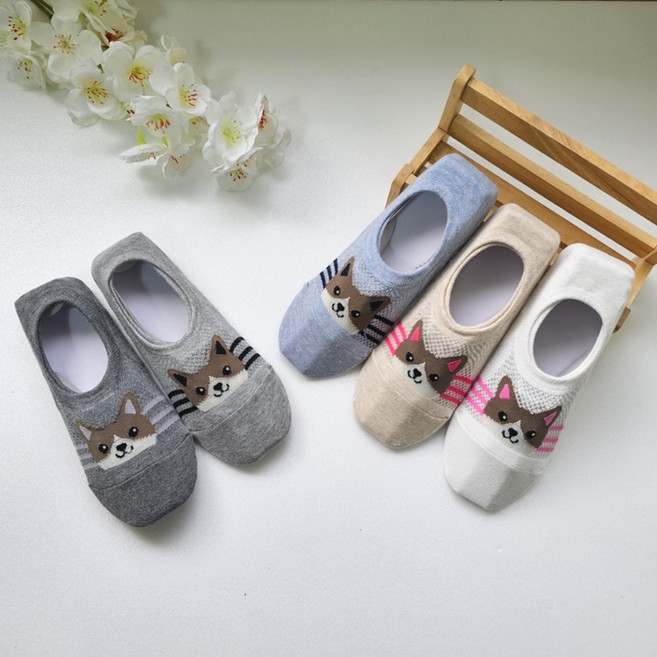 여성 미끄럼방지 덧신 논슬립 강아지 캐릭터 덧신 망사 페이크삭스