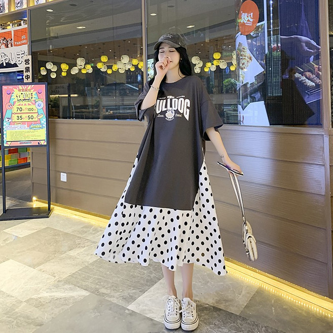 이유무무 여성 빅사이즈 루즈핏 밑단 땡땡이 롱 원피스 NQ-031