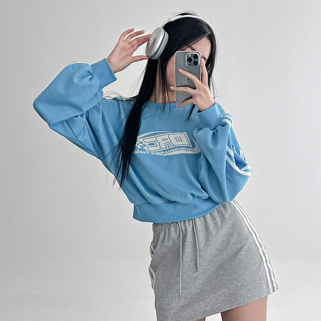 크림도우 여성 레이싱 크롭 라운드 맨투맨 두줄 소매 긴팔 티셔츠