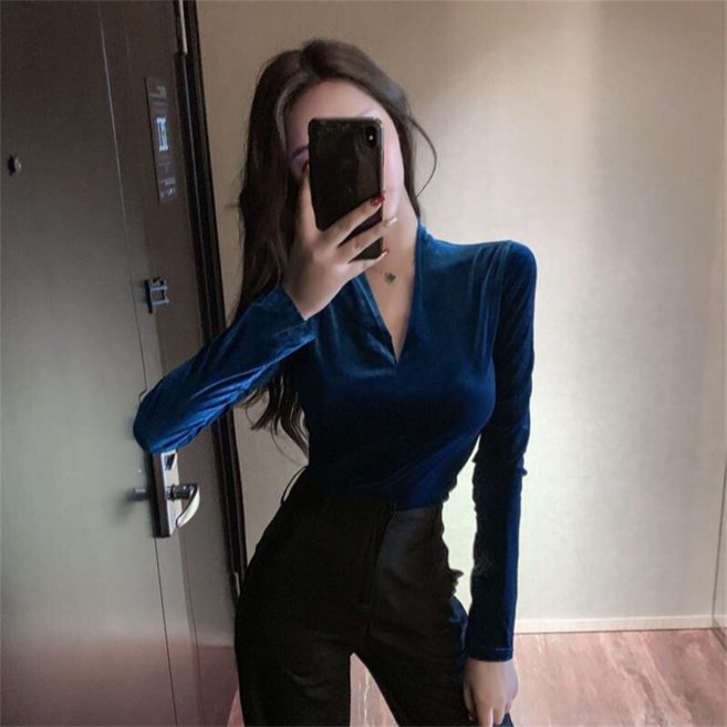 Vezri 여성용 벨벳 브이넥 슬림핏 긴팔 티셔츠 봄가을 겨울 데일리 상의 F88