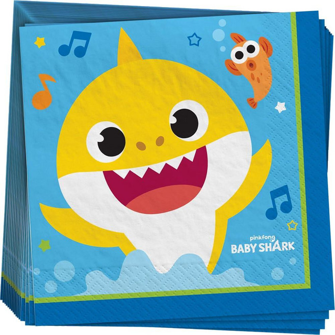 Amscan 아기 상어 오찬 냅킨 16.5cm(6.5인치) (16팩) - 사랑스러운 테이블 액세서리 어린이 파티 및 축하에 적합 207781 8595011688, 클래식