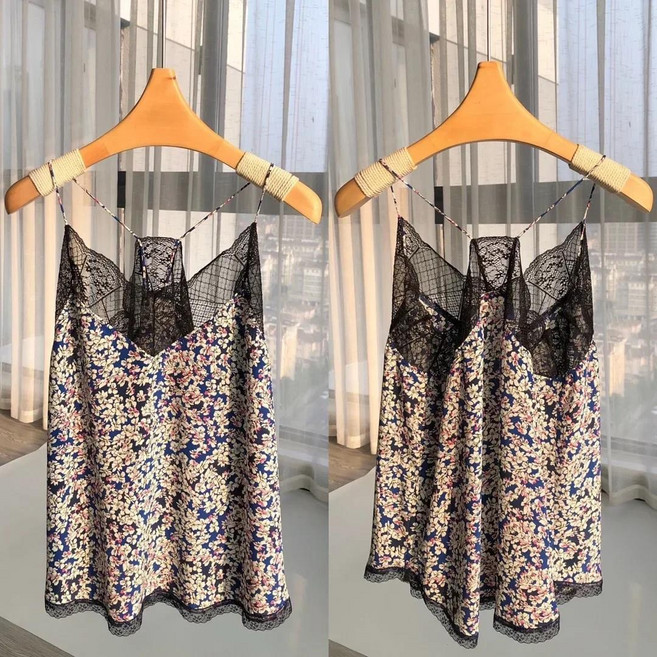 레이스 스플 캐미솔 Women100% 실크 꽃 프린트 레트로 민소매 숙녀 v 넥 슬링 탑 2025 여름