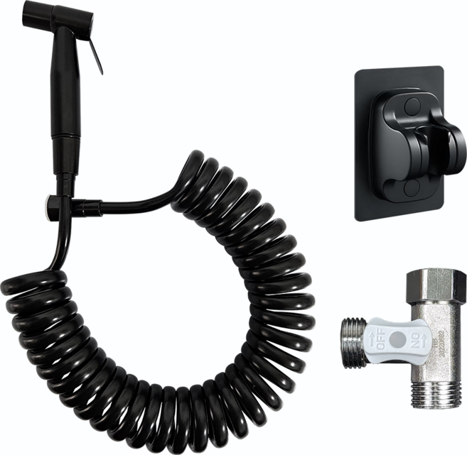 욕실 스프레이건 세트 EVA 황동스프링호스 + 접착식 거치대 + 황동 T 밸브, 블랙, 5m