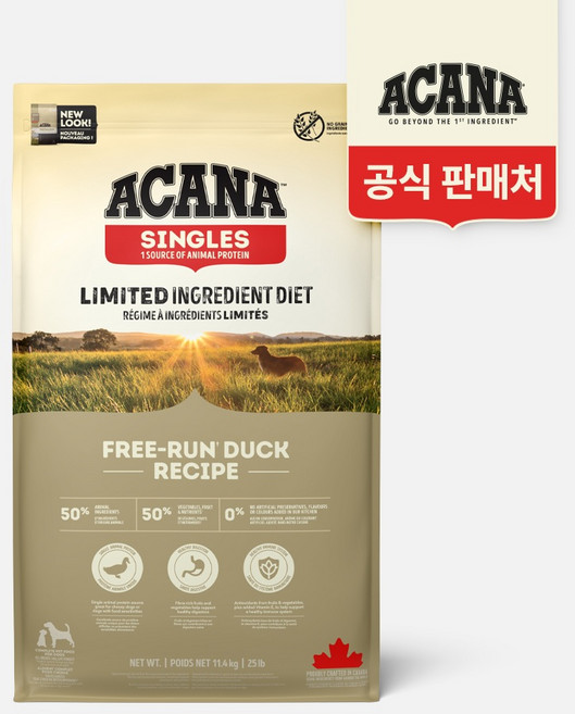 아카나 강아지 프리런 건식사료, 오리+채소, 11.4kg, 1개