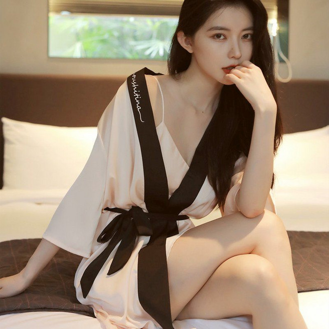 Cushitina 真絲睡袍兩件套 吊帶睡裙, 1個, 杏色L