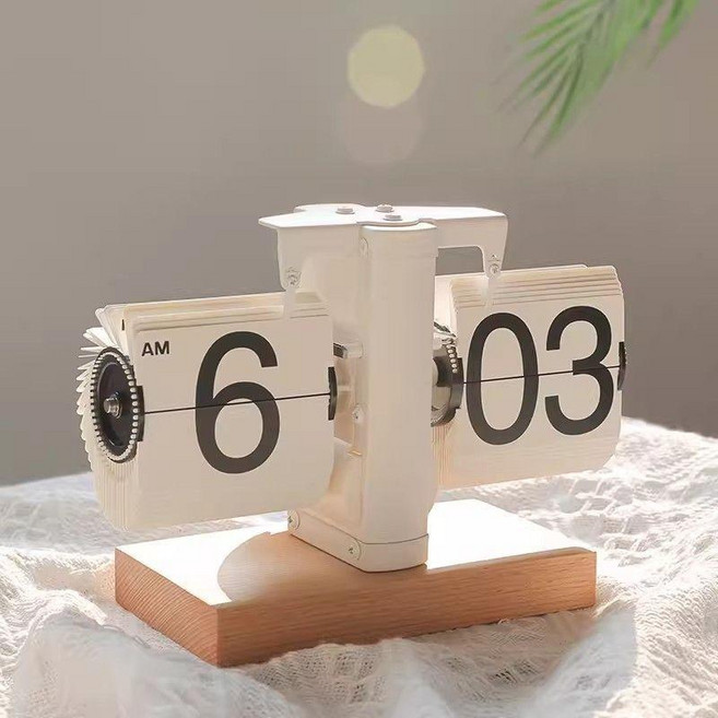 無品牌 復古機械翻頁座鐘, 方形木底座全白色,8英寸