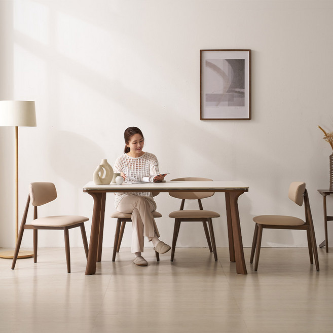 파로마 이즈 레나 1400 포세린 세라믹 4인 식탁 세트(식탁 의자4), 화이트, 내추럴