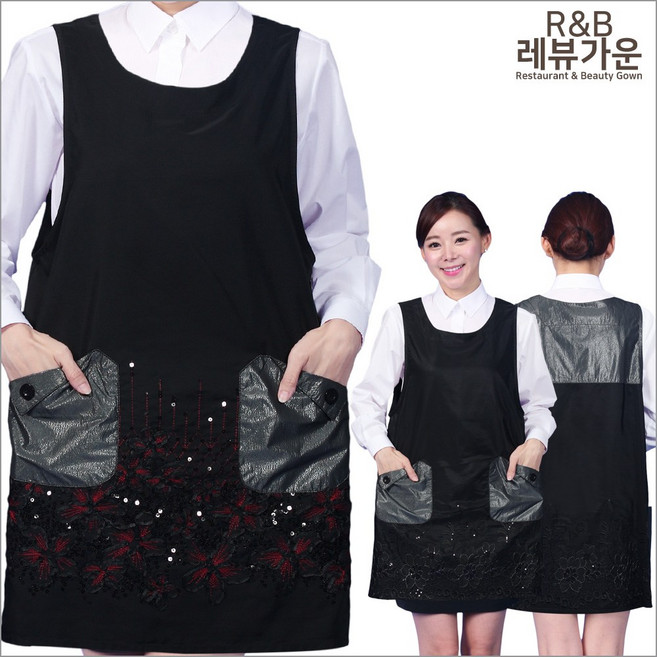 레뷰가운 AE203 원피스앞치마 꽃자수 레이스 시장 행사 식당 화원 주방 서빙복 앞치마, AE203_브라운반짝이꽃(L), 1개