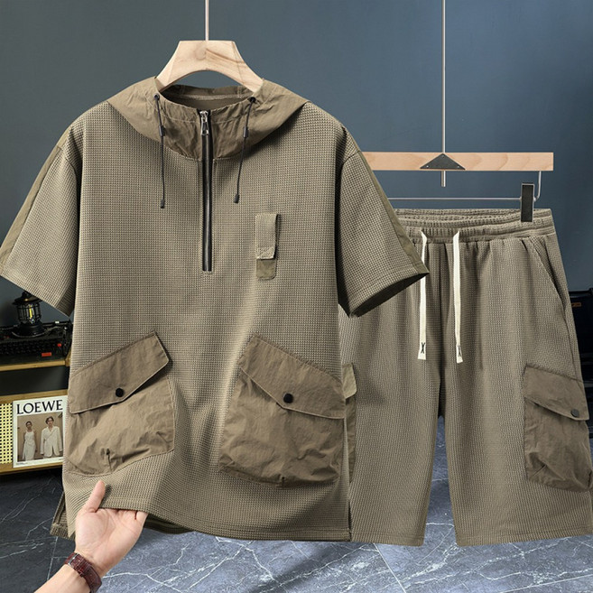 쥬엔리치 남자 빅사이즈 반팔티 반집업 후드 티셔츠 반바지 세트 JR38