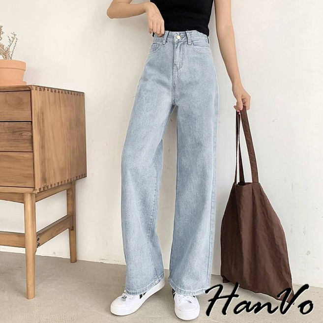 HanVo 高腰復古寬鬆直筒牛仔褲