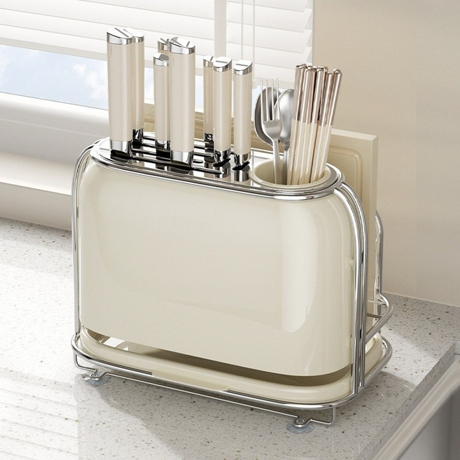 주방 칼꽂이 수저꽂이 도마 일체형 수납대 스테인리스SNJ001, 1개, 흰색