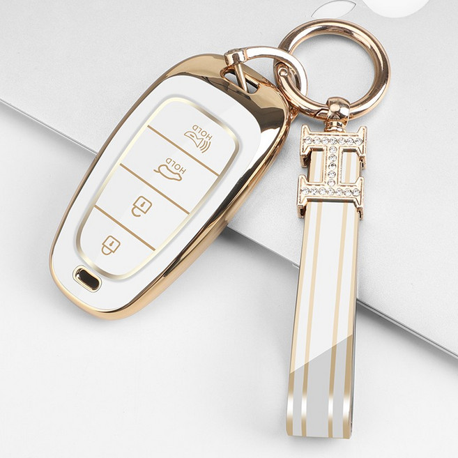 키에티 현대 호환 쏘나타DN8 더뉴그랜저 4버튼 키케이스 + H큐빅 키체인, 골드-화이트