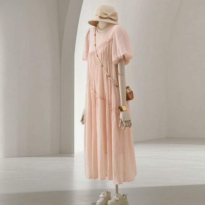 IWMAFT 여성 여름 퍼프소매 롱 원피스 라운드넥 허리 셔링 우아한 데일리룩 KT624