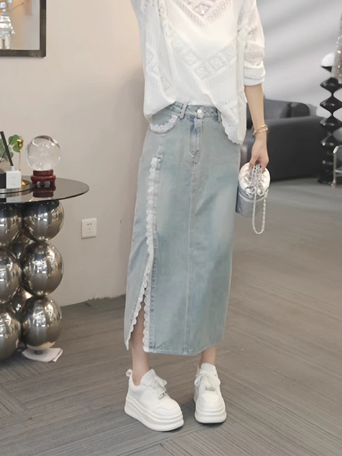 春季休閒直筒顯瘦蕾絲百搭牛仔裙