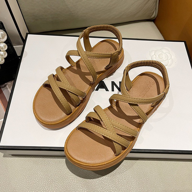交叉綁帶彈性後帶平底涼鞋 舒適百搭女鞋, 卡色, 25 cm