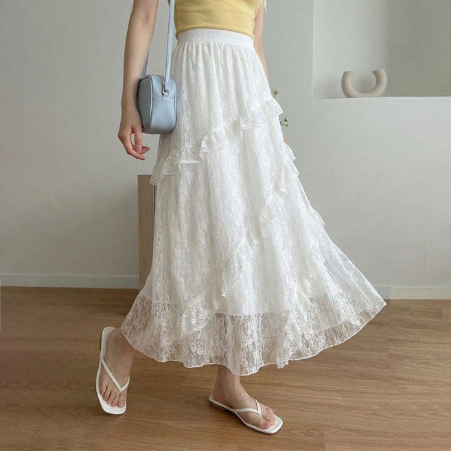 스타일아유 여성 여름 레이스 캉캉스커트 밴딩 샤링 플레어 맥시 로맨틱 롱 치마 SK0793