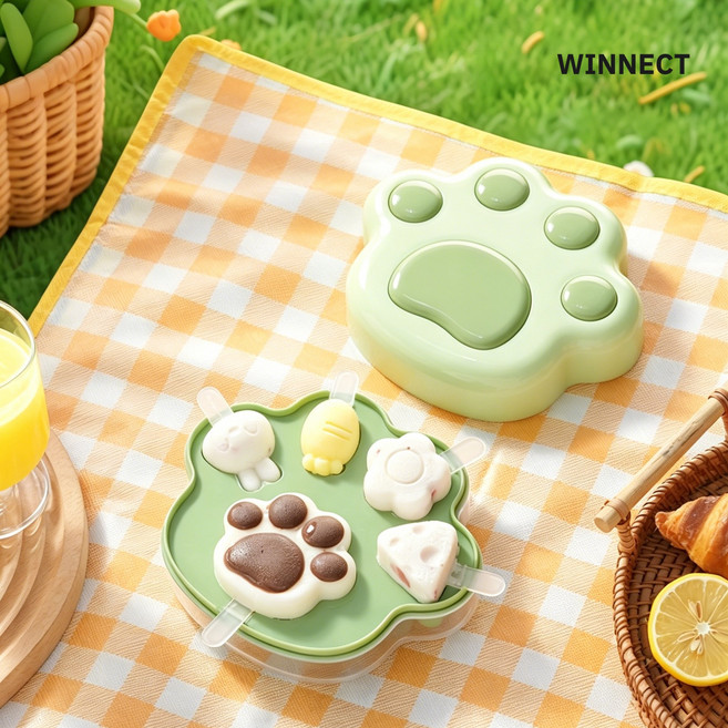 귀여운 고양이 손톱 모양 아이스크림틀 실리콘 샤베트 몰드 누름식 아이스트레이 얼음틀 5구, 그린, 1개
