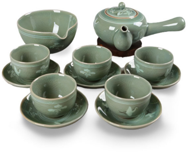 5인다기 청자운학 잔받침 전통 다도 세트 녹차잔 티세트, 1개