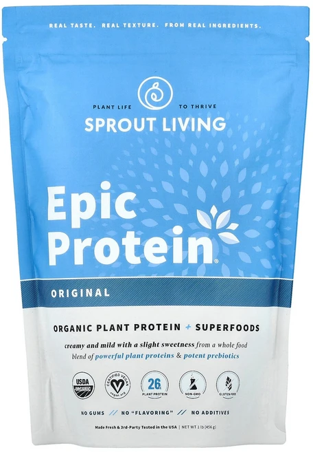 Sprout Living Epic Protein 유기농 식물성 단백질 + 슈퍼 푸드 오리지널 455g(1lb) Living (스프라우트 리빙), 453 g, 455g, 1개 - 쿠팡