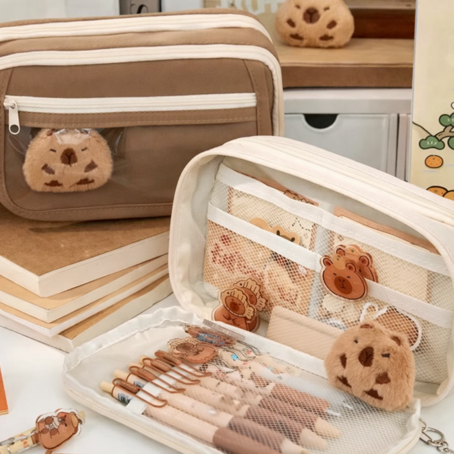 대용량 필통 9칸 분리형 펜슬케이스 수납 파우치 투명 포켓 필통, 1개, 아이보리