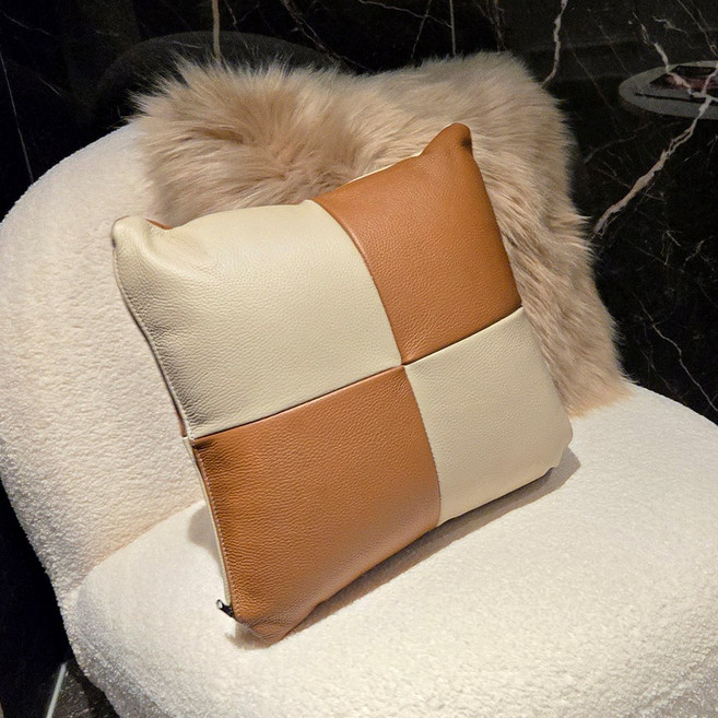 토파 고급 천연 가죽 쇼파쿠션 솜포함 인테리어 사각 등받이, 오렌지