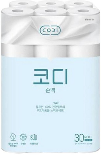 코디 순백 천연펄프 3겹 두루마리 화장지 30M 30롤 부품 소모품 자재 파츠, 30개