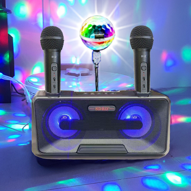 위드제이앤엠 가정용 휴대용 캠핑용 블루투스 노래방 기계 고출력 듀얼 마이크 스피커 노래방 반주기+LED 사운드 매직 미러볼, K1010 블루투스 노래방+사운드 매직 미러볼
