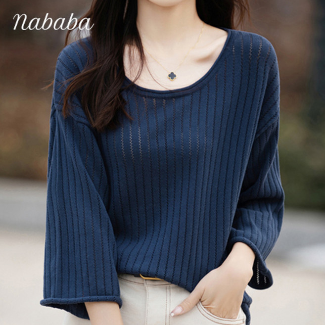 나바바 NT1467 여성 심플 데일리 골지 펀칭 7부 티셔츠