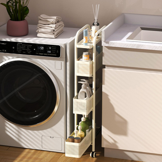 Fahomiss 탄소강 틈새 선반 이동식 트롤리 슬라이딩 수납장 다용도 수납함 3단 4단 5단, 화이트