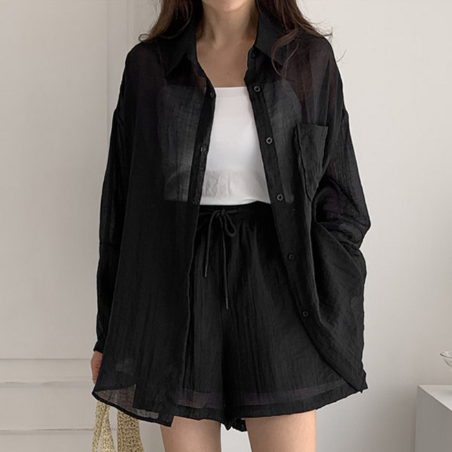 마이쏭 여성 빅사이즈 여름 상하세트 노라시스루셔츠반바지세트