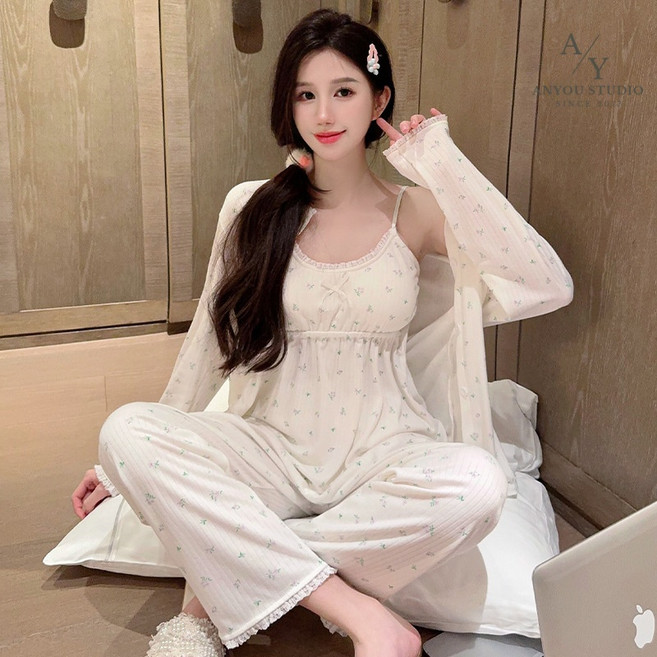 ANYOU 여성 순면잠옷 순면 상하의 스트랩탑 캐주얼 빅사이즈 홈웨어