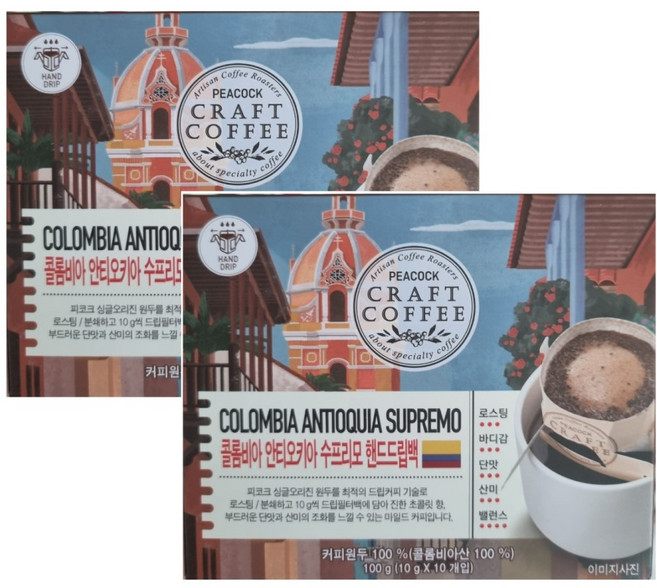 피코크 콜롬비아 안티오키아 수프리모 핸드드립백, 10g, 2박스, 10개입