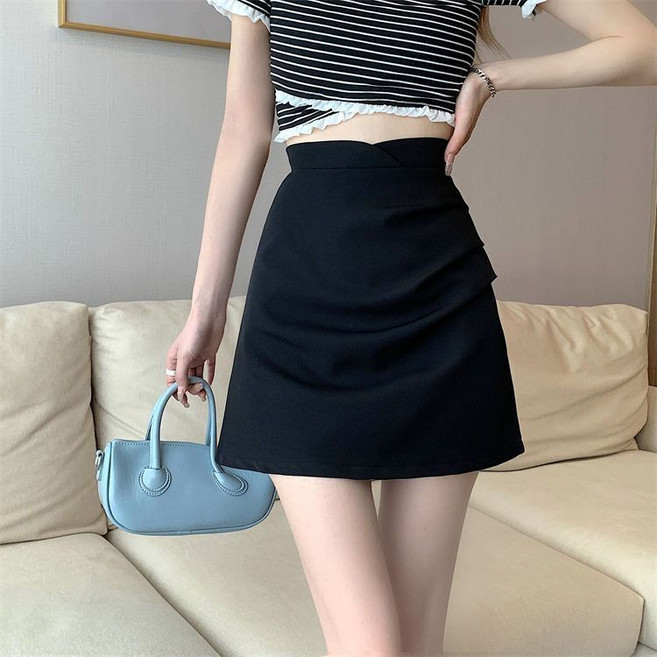 2024夏季韓版大碼不規則高腰顯瘦褶皺包臀A字短裙