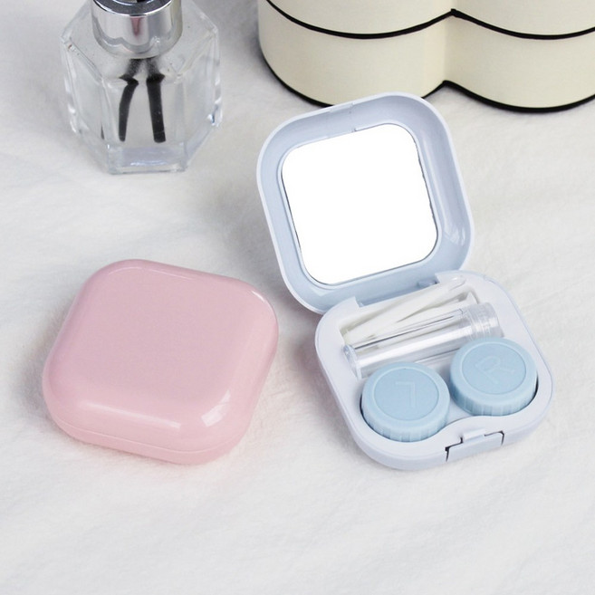 파스텔 팩트 휴대용 렌즈 케이스 집게 흡착봉 거울 렌즈통 2개