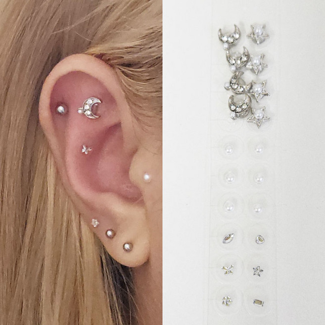 리빙릿 귀꾸 스티커 붙이는 피어싱 귀 지압 이혈 패치 귀테리어, 1개, 달별 진주 세트