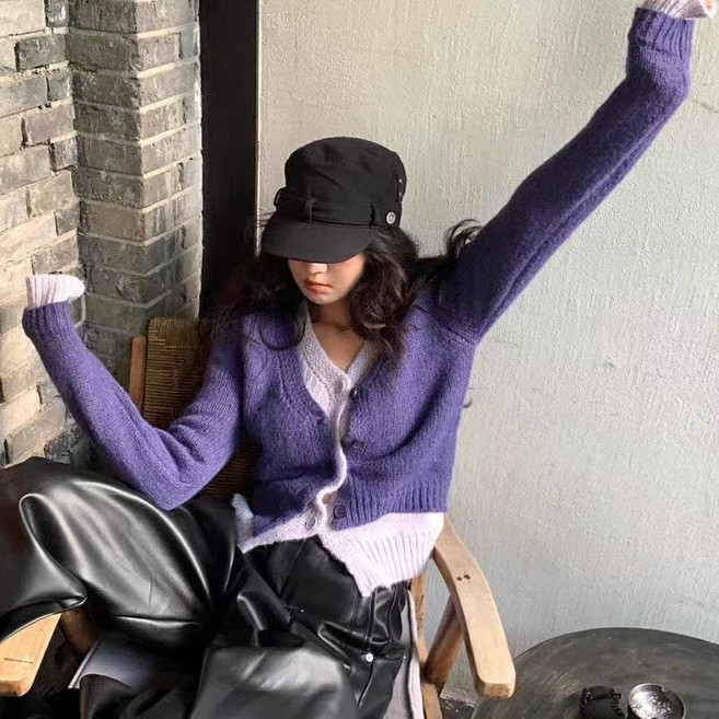 AURALA 여성가디건 가을 겨울 빈티지 브이넥 가짜 투피스 배색 나른한 긴팔 니트 탑