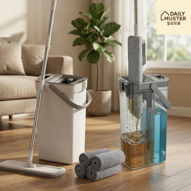 물걸레 청소밀대 노터치 극세사 청소포 밀대 사무실 가정용 오수분리 펌프 자동세척 빨아쓰는 걸레, 1세트