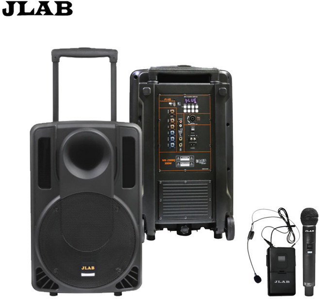 JLAB MK-2300Q 12인치 블루투스 캐리어 충전식 앰프 스피커 무선마이크2개 300와트, 핸드+헤드셋