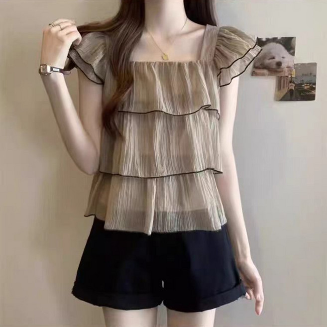AURALA 여자 프릴 루즈핏 스퀘어넥 블라우스 여성 여름 예쁜 캐주얼 반팔티
