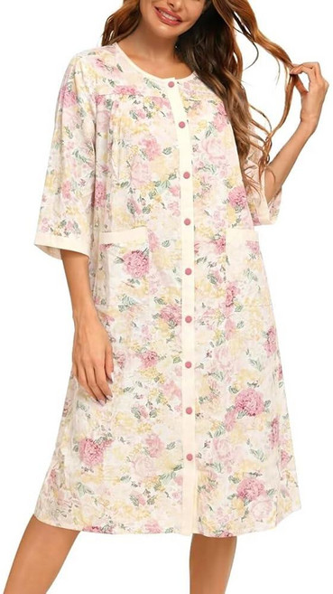 YOZLY Cotton House Dress for Women 3/4 Sleeve House Coats Dusters Robe Moomoo Nightgowns with Pock, Flower Pink