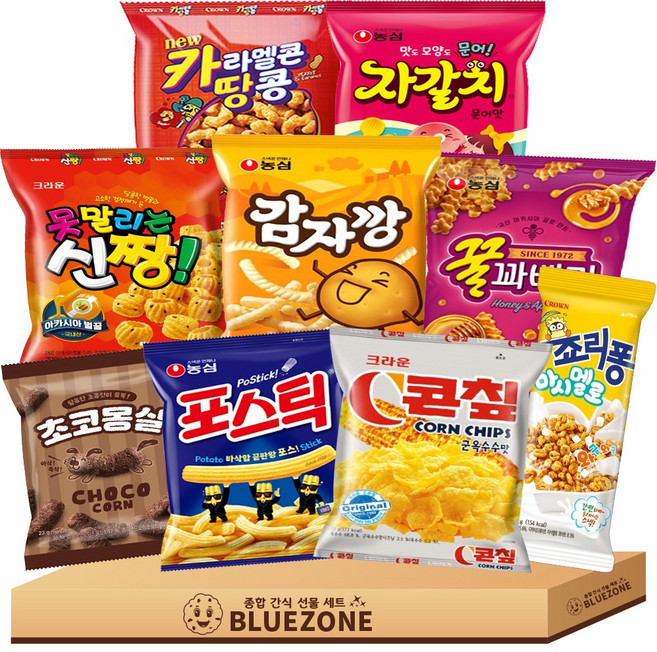 소소 세트 카라멜콘땅콩46g 콘칲44g 죠리퐁마시멜로35g 신짱73g 자갈치30g 꿀꽈배기30g 포스틱30g 감자깡30g 몽실22g, 9개, 혼합