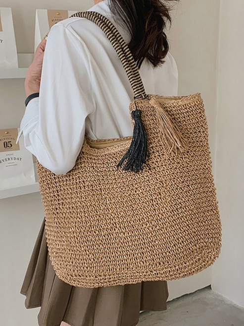 여성용 큰 빨대 직조 술 토트 가방 대용량 패션 숄더백 숙녀 핸드백 및 지갑 여름 비치 2022